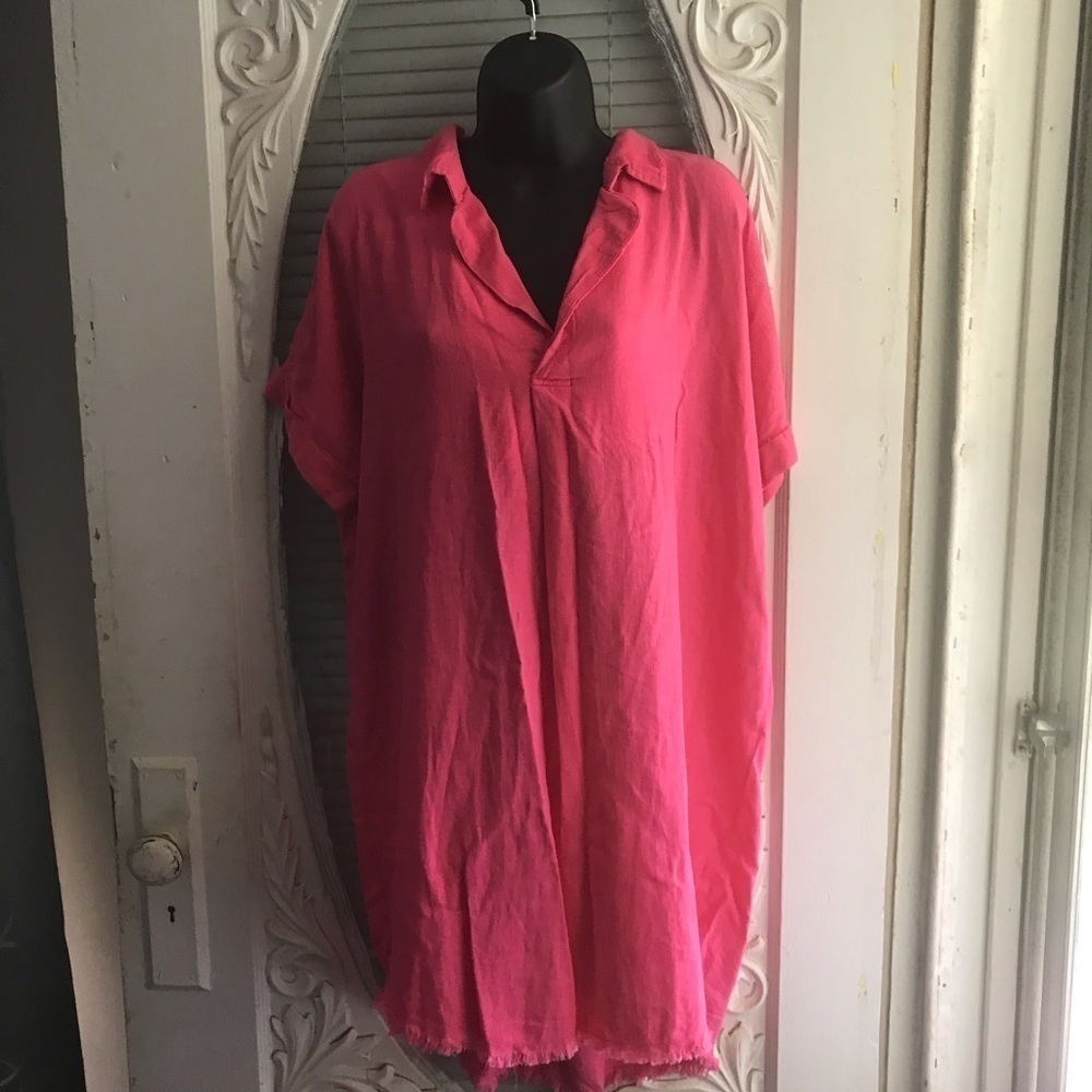 Zenana Womens Hot Pink  Linen Frayed Hem Shirt Dress NWOT